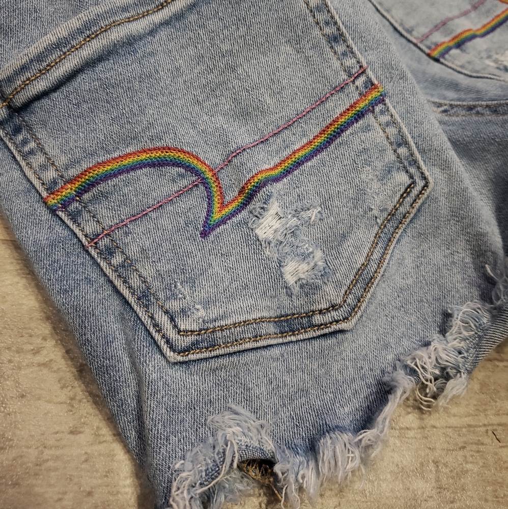 AEO rainbow high waisted frayed edges